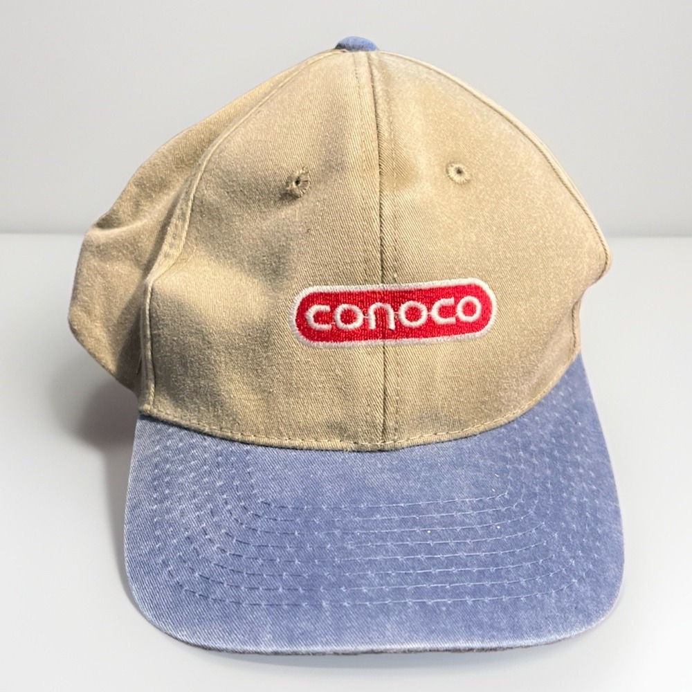Vintage CONOCO Toppers‎ Headwear Khaki & Blue Trucker Hat Strapback Baseball Cap